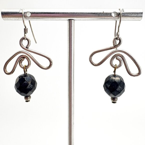 VTG Sterling Silver 925 Black Bead Freeform Dangle Earrings Size 1.5" Length - Picture 1 of 8